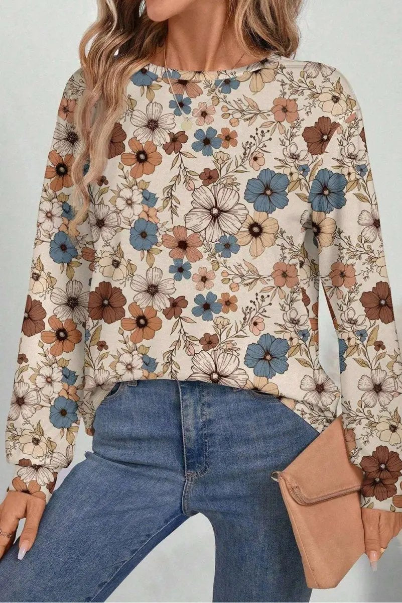Khaki Floral Print Loose Crew Neck Long Sleeve T Shirt Fashion - Love Salve